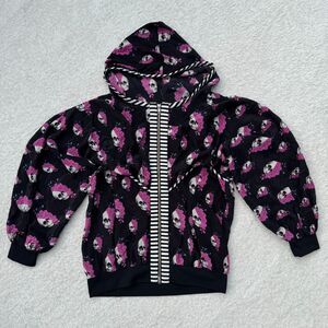 Women's Skull Print Hoodie Floral AOP Washed Silk Puff Sleeves Size M Tilly Rose
